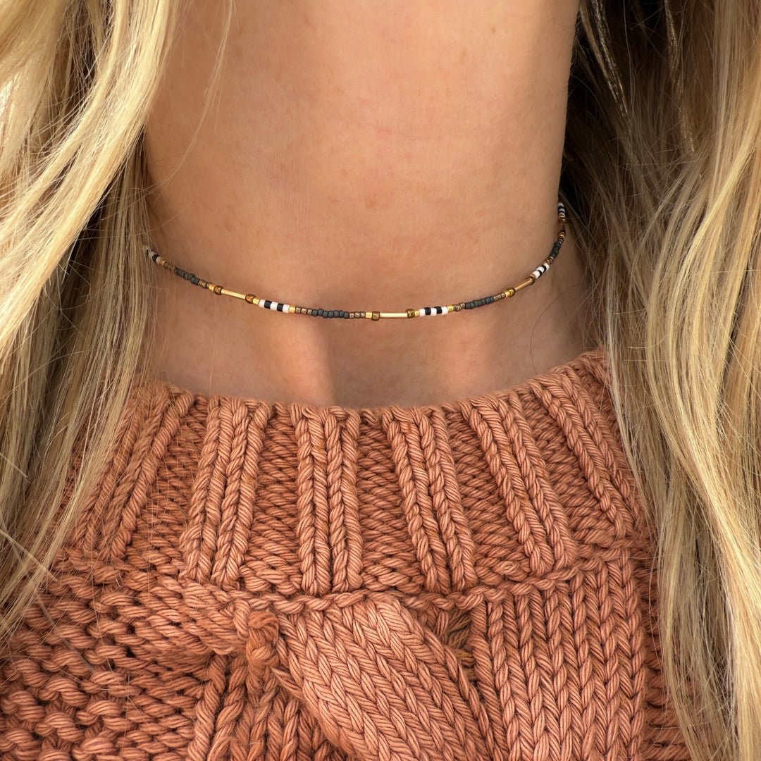 Warm Gray, Gold, Black and White Beaded Choker Necklace